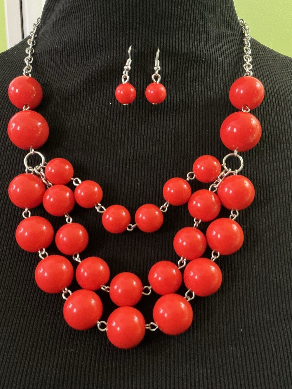 Red Bead Multi-Strand Necklace & Earring Set Orange/Red